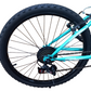 Turquoise bicycle wheel with black tire on a white background