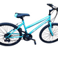 Turquoise bicycle with black tires on a white background