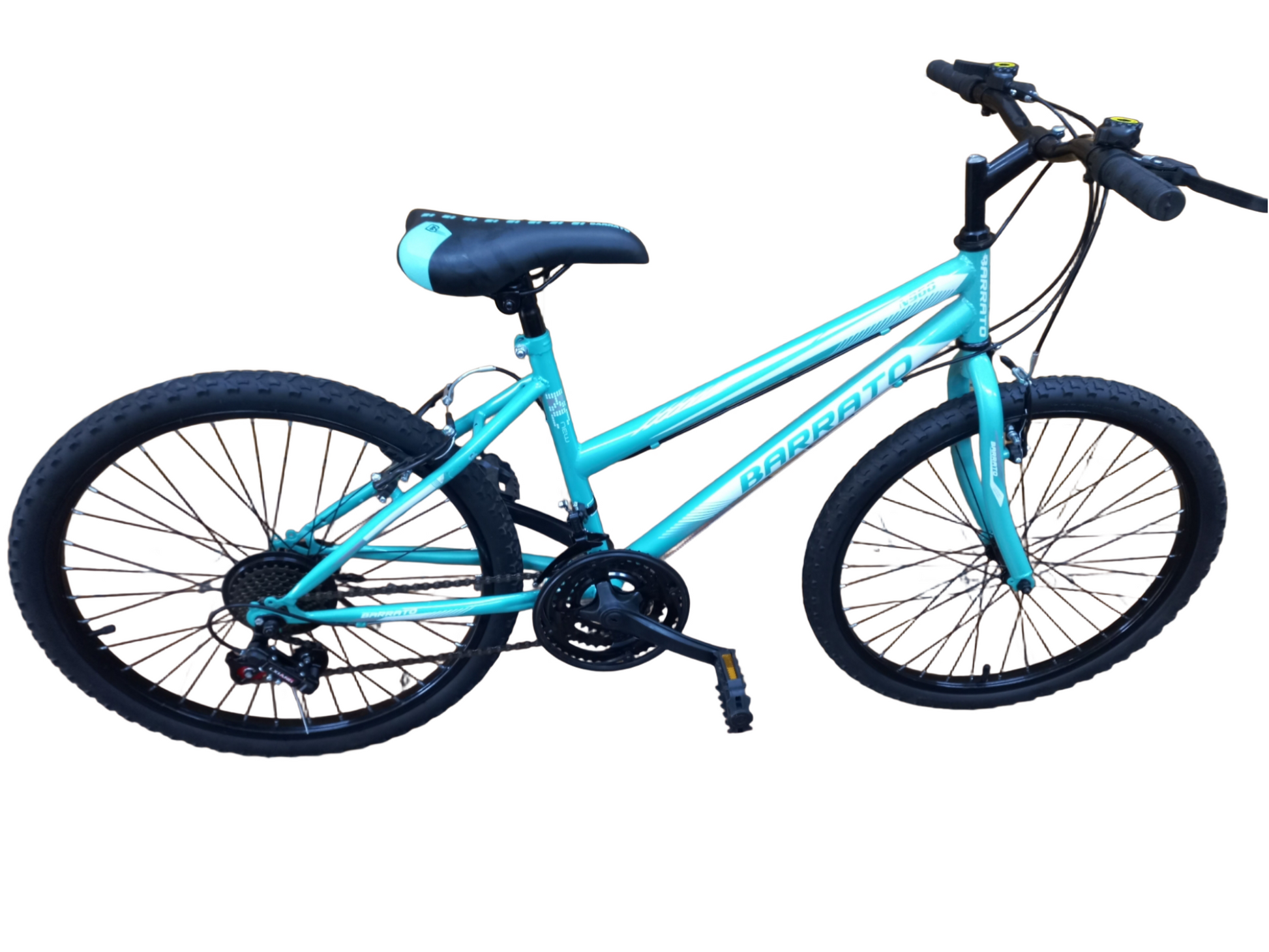 Turquoise bicycle with black tires on a white background