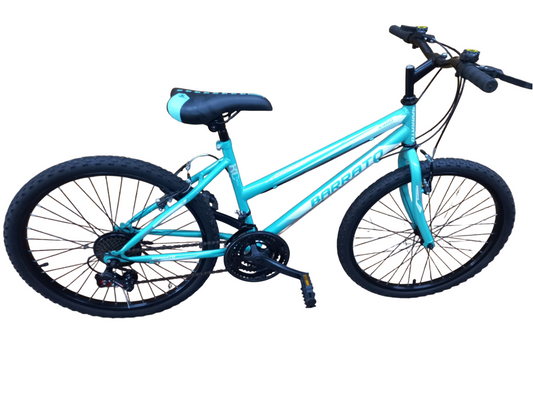 Turquoise bicycle with black tires on a white background