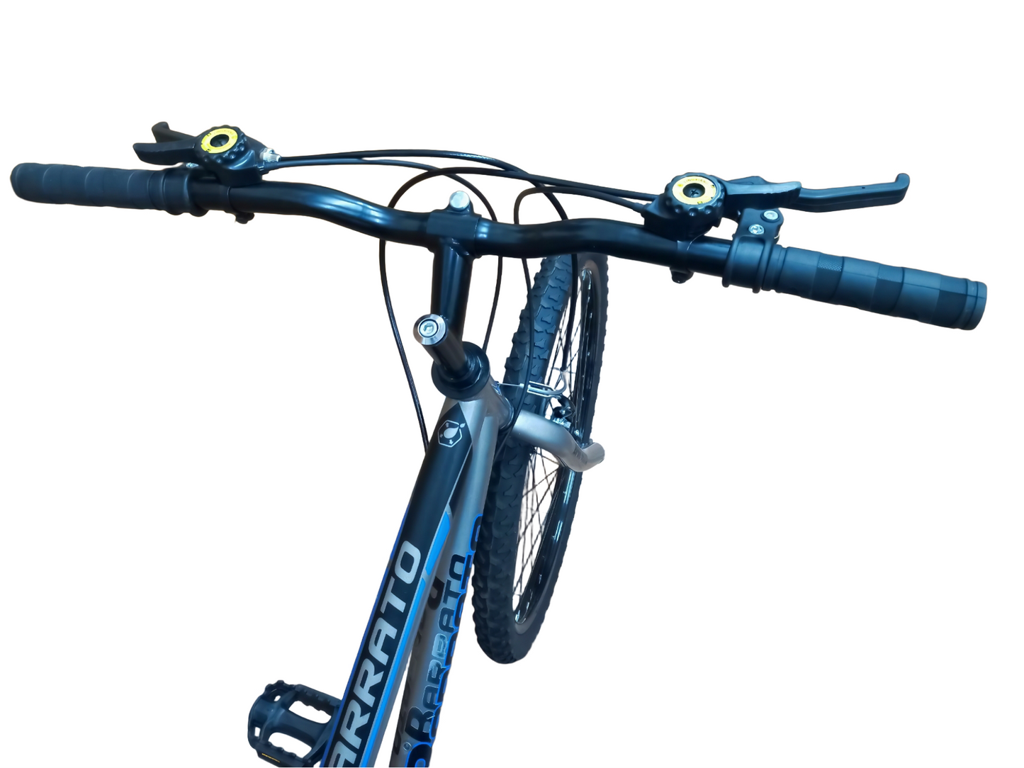 Blue bicycle with 'Arrato' branding on a white background