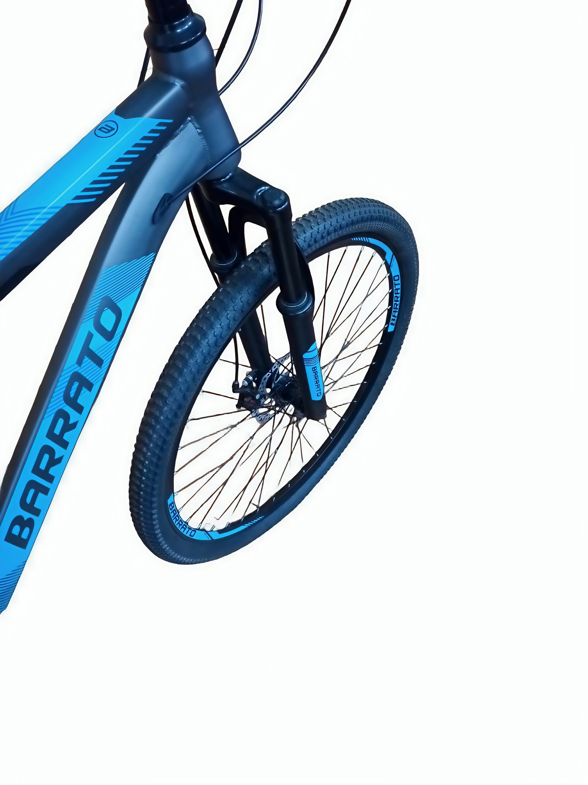 Blue bicycle wheel with 'Barrato' branding on a white background