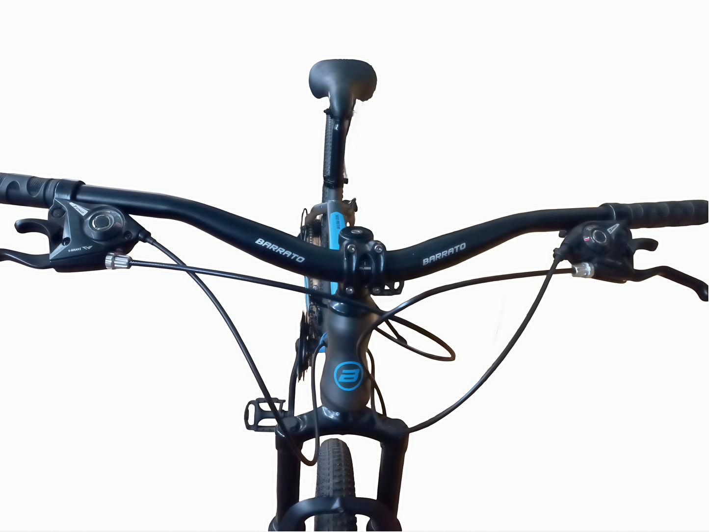 Close-up of a bicycle handlebar with brand logo on a white background