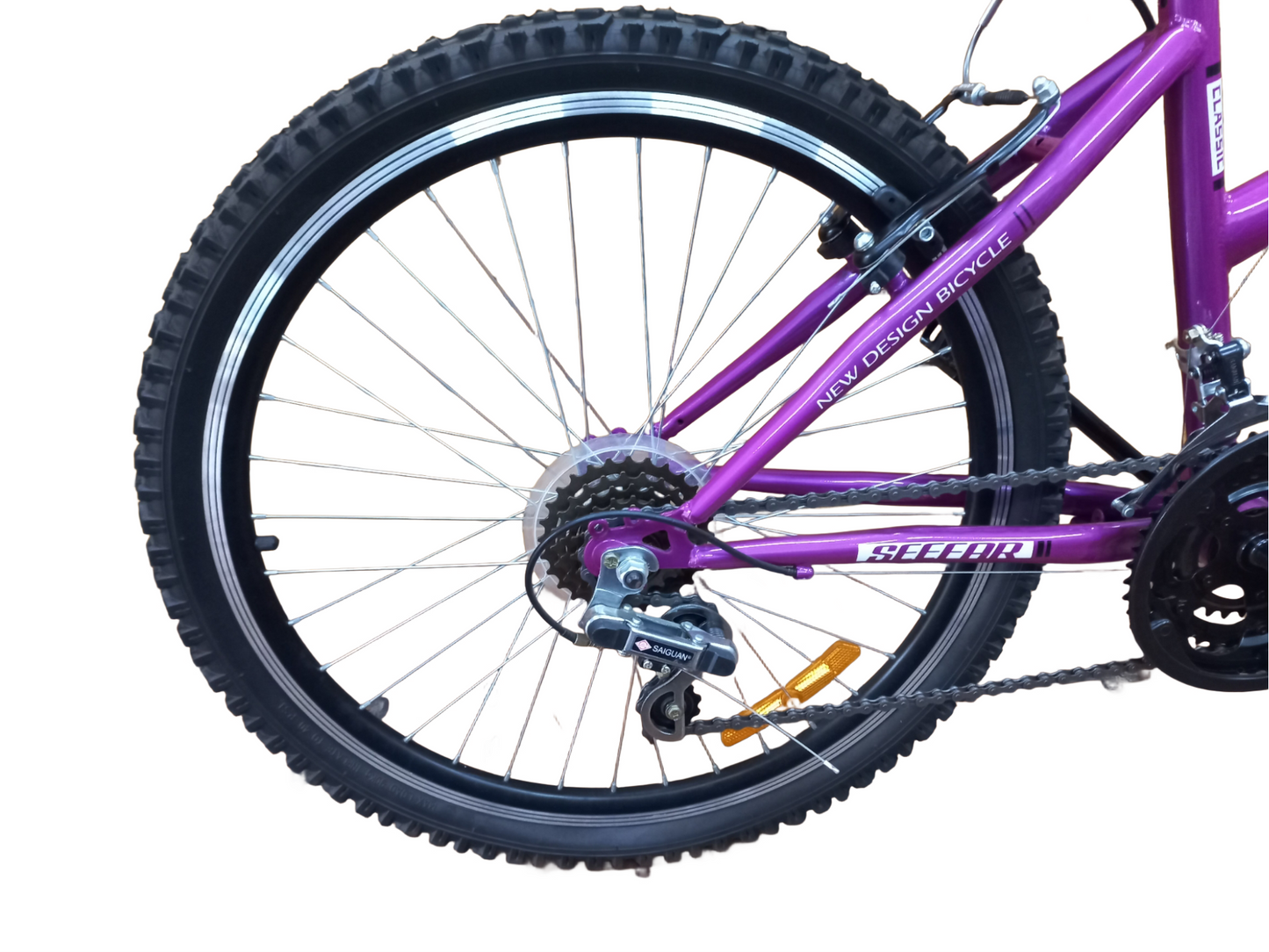 Close-up of a purple bicycle wheel with visible brand name on a white background