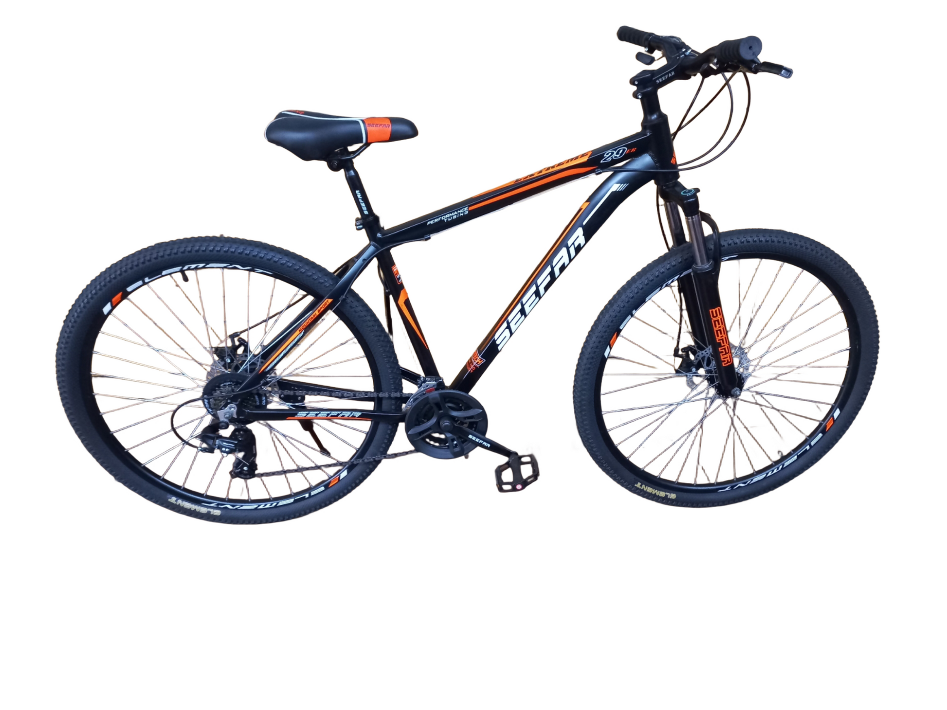 Black and orange mountain bike on a white background