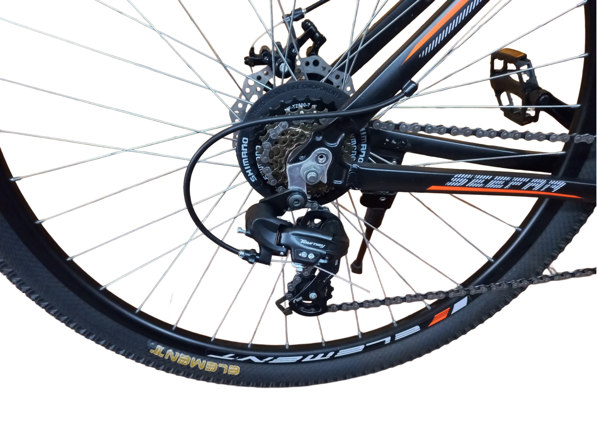 Close-up of a bicycle wheel with chain and gear system on a white background