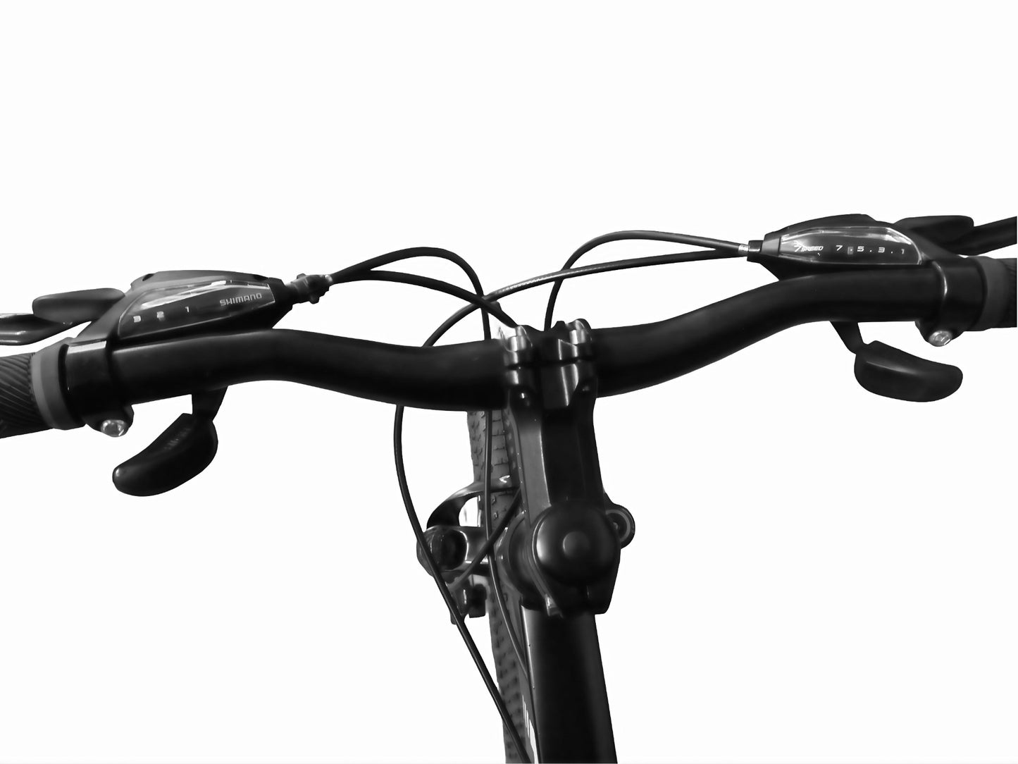 Close-up of a bicycle handlebar with control levers on a white background