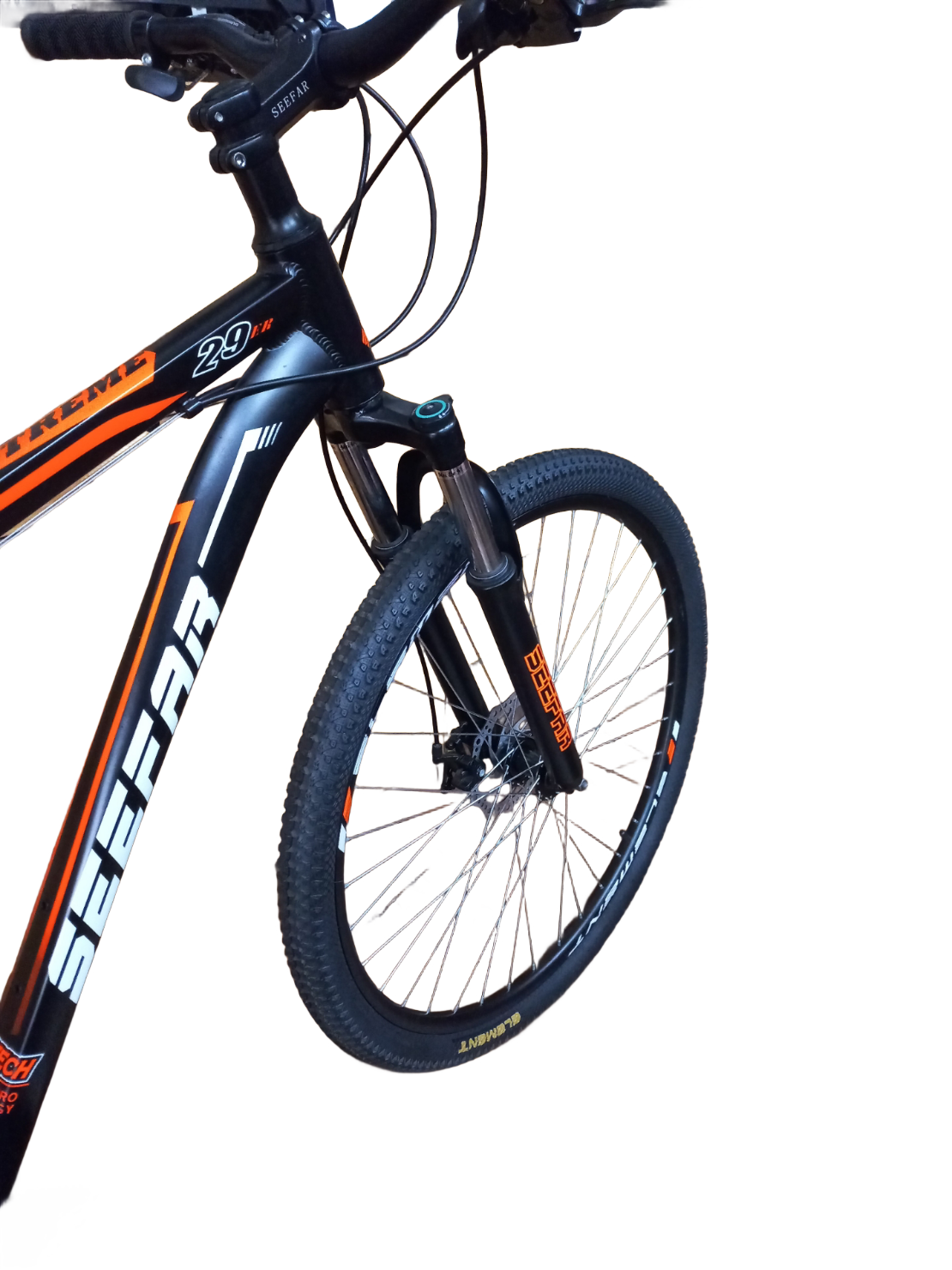 Black and orange bicycle with 'Secaer' branding on a white background
