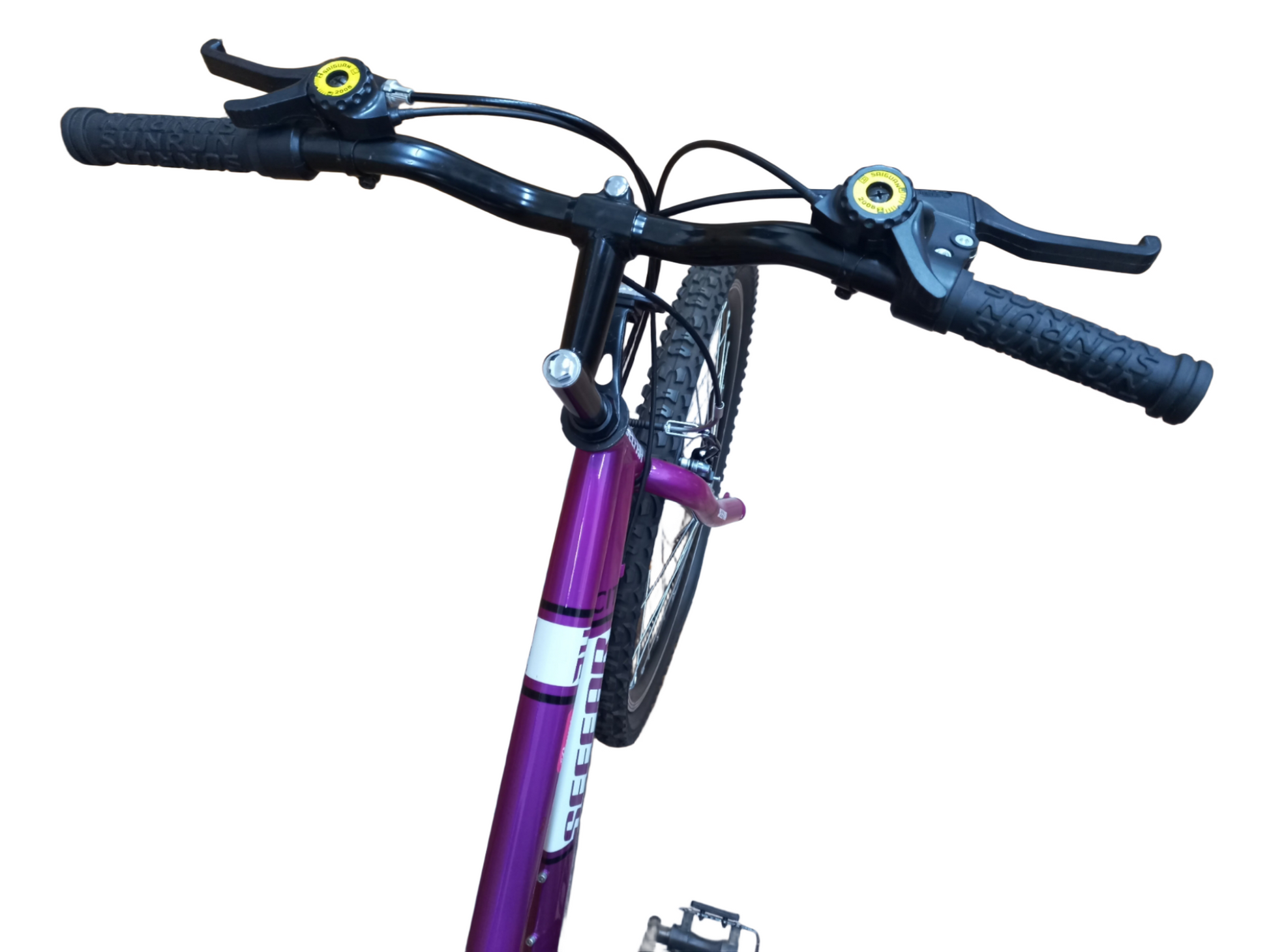 Purple bicycle with black handlebars on a white background